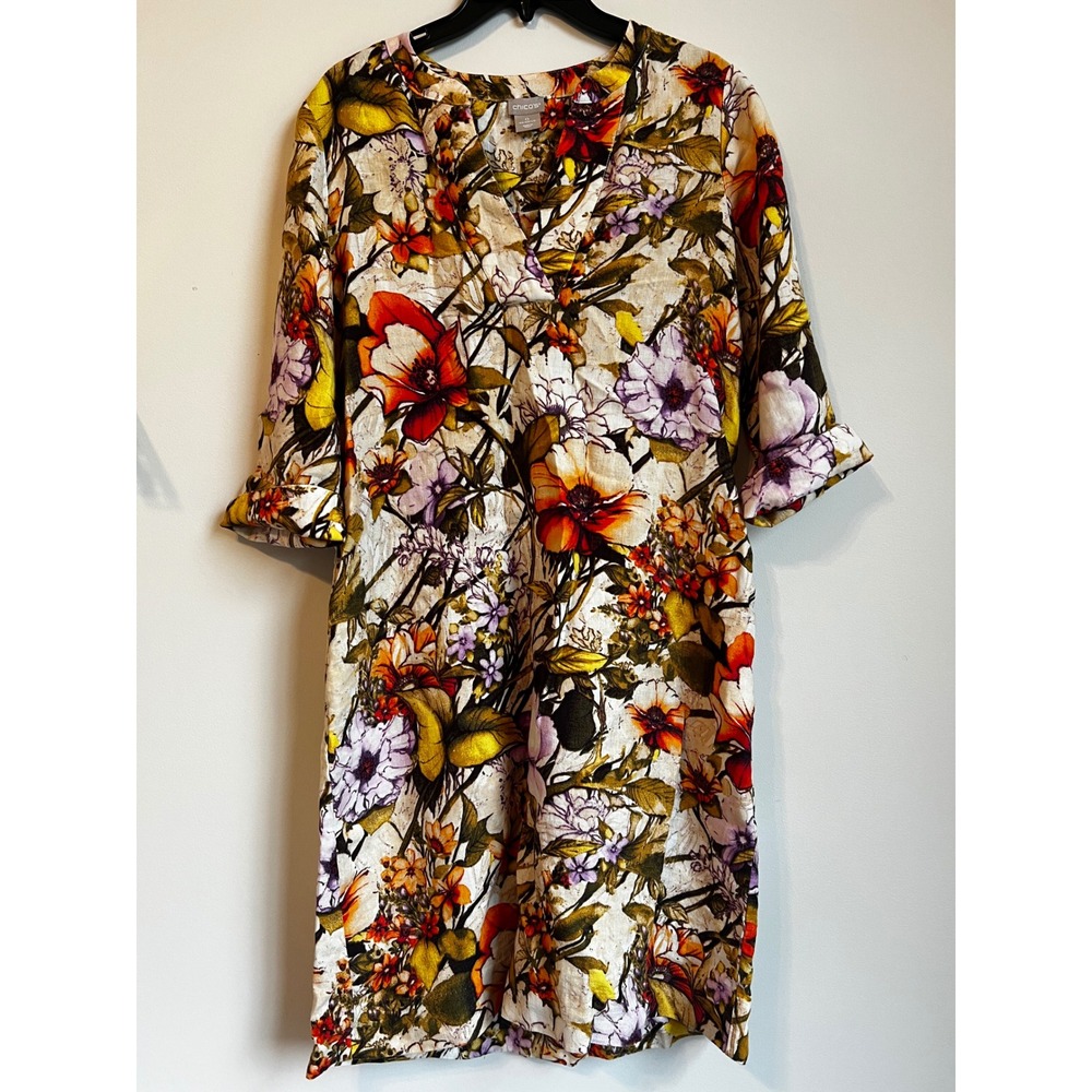 Chico's Size 0 3/4 Sleeve Floral 100% Linen Blend‎ V Neck Dress Pockets